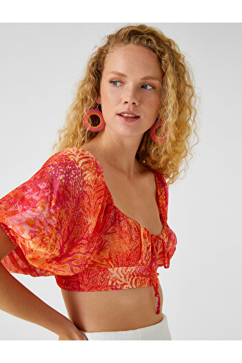 Koton Şahika Ercümen - Balloon Sleeve Crop Blouse with Tie Detail