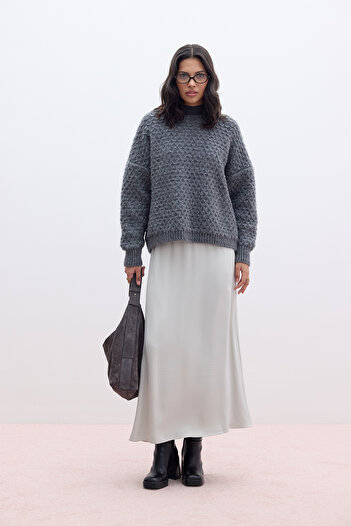 Manuka Silver Color Satin Midi Skirt