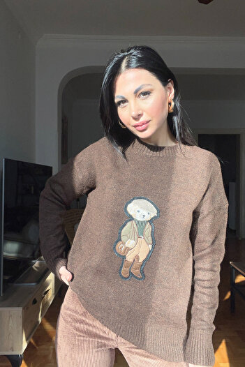 Seda Yalçın Atelier Brown Teddy Bear Embroidered Knitwear Sweater