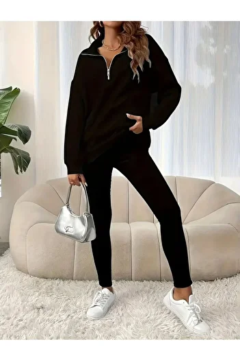 caddekombin Stand Collar Half Zip Oversize 2 Thread Raised Sweatshirt