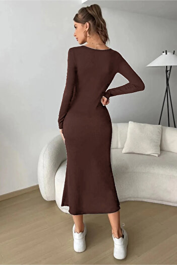 World Fashion Trends Τετράγωνη λαιμόκοψη μακρυμάνικο ελαστικό μακρύ φόρεμα