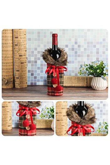 Dodemert Home New Year's Christmas Polyester Plush Fur Collar Champagne & Wine Bottle Cover