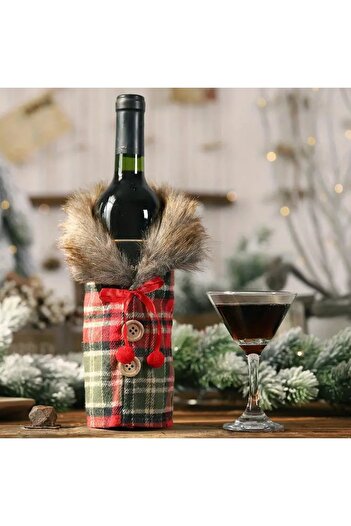 Dodemert Home New Year's Christmas Polyester Plush Fur Collar Champagne & Wine Bottle Cover