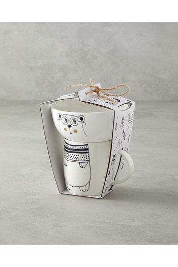 English Home Mingle Bear New Bone China Mug with Bowl 360 Ml-13 cm Black - White