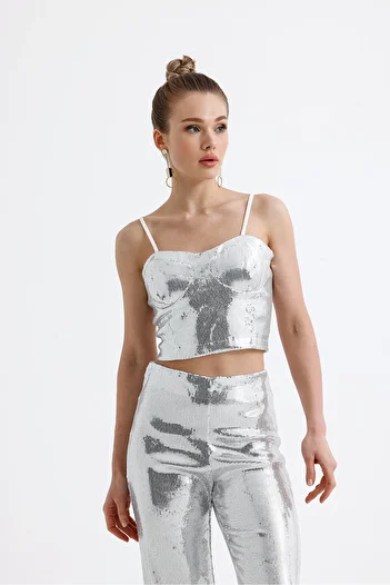 Sense Silver Globe Sequin Sequin Bustier with Zipper - Bus32675