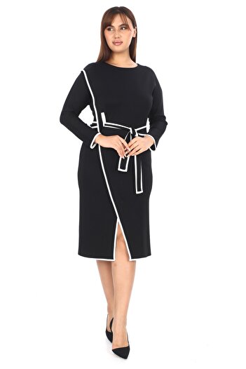 etselements Triangular Slit Dress with Lace and Piping Detail