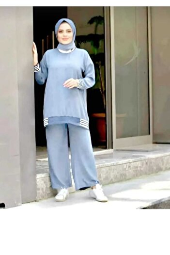 ECK MODA Women's Ice Light Blue Linen Fabric Bottom Top Suit
