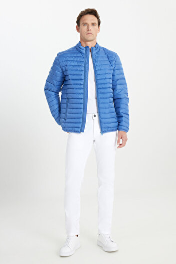AC&Co / Altınyıldız Classics Men's Blue Warm Standard Fit Regular Fit Stand Collar Side Pocket Coat
