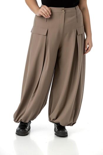 DISENTIS MODEST Large Size Baggy Cutout Mink Trousers with Elastic Waist Back and Leg Deep Pleat Detail