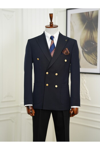 LONATOLİA Men's Premium Italian Style Slim Fit Punto Stitched Bag Pocket Half Lined Double Breasted Jacket - Navy