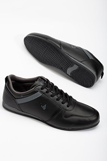 Dilimler Ayakkabı Men's Sneakers Black Leather Laced Thin Sole