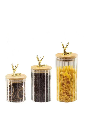 Qerhome 3-Piece Borosilicate Glass Stylish Striped Glass Jar Kitchen Set with Deer Figure 500-750-1000 ml