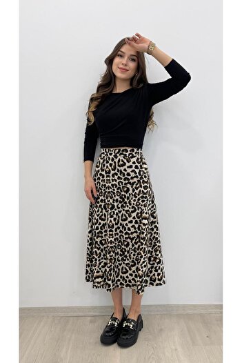 MODA FUSTA CU CLOPOȚE CU TEXTURA DE PIELE DE VACĂ, CU TALIE ELASTICĂ DE VISON LEOPARD