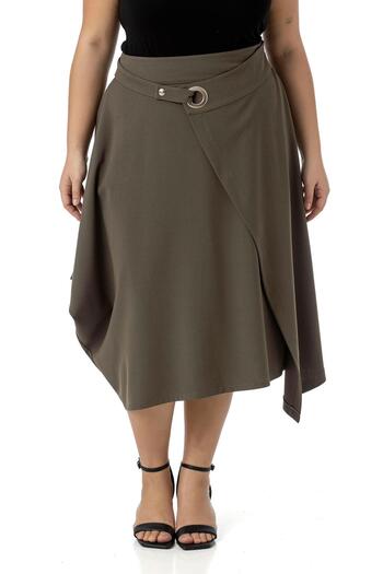 DISENTIS MODEST Plus Size Asymmetrical Cut Eyelets Detail Single Pocket Midi Khaki Skirt