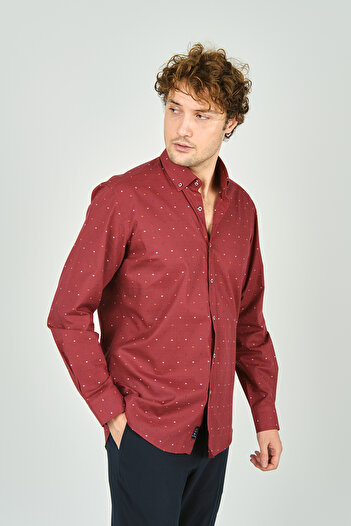 De Leone Men's Slim Fit Print Long Sleeve 100% Cotton Shirt 2045 Red
