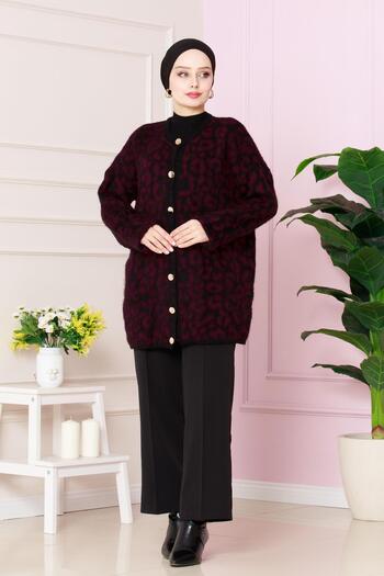 Sevitli Burgundy Leopard Long Cardigan