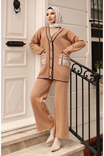 sefamerve Pocketed Cardigan Knitwear Set - Camel 24116-03