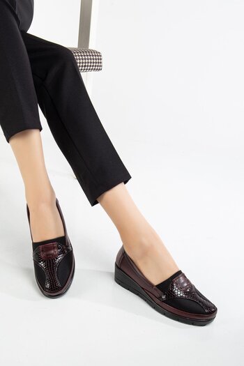 Dilimler Ayakkabı Genuine Leather Women's Orthopedic Casual Shoes - Large Size, Burgundy Side Stretch