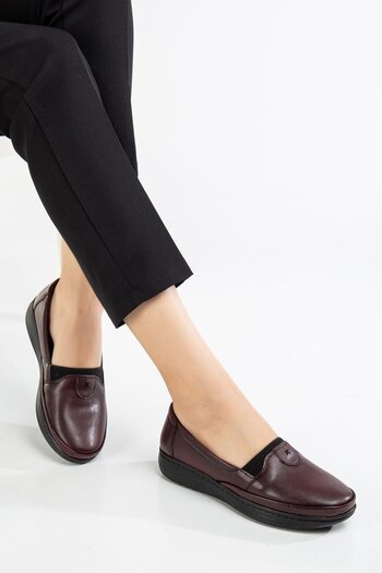 Dilimler Ayakkabı Large Size Genuine Leather Women's Daily Orthopedic Shoes Claret Red Flat Model