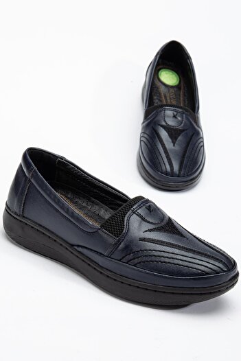 Dilimler Ayakkabı Genuine Leather Orthopedic Women's Shoes - Dark Blue Embroidered Face, Large Size