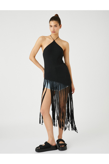 Koton Halter Neck Blouse Tassels Asymmetrical Cutout Ribbed