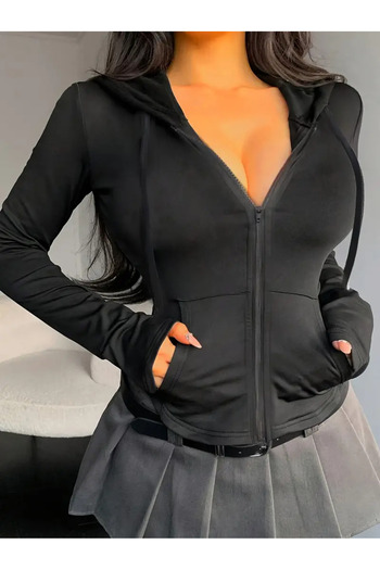 KİM Kİ O Black Hooded Zippered Women's Swatshirt - Pocket Style