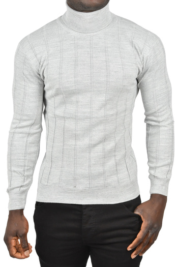 DeepSEA Men's Gray Slim Fit Lycra Full Turtleneck Striped High Top Sweater 2505504