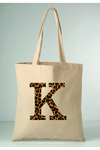 MODA Leopard Print Letter K Printed Raw Cloth 35X40 Ecru Shoulder Bag