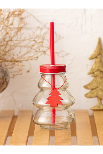 LC Waikiki Lcwk Christmas Themed Glass Cup with Straw and Lid