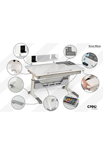 Creo Mobili Eğim Verilebilir Mimarlık Çizim Masası + Sandalye + Keson + Tabure - Ekru/Mavi - Sirius Premium