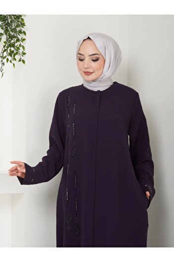 Neva Style Taş Detaylı Büyük Beden Ferace