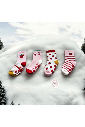 BATU GİYİM Strawberry Patterned Baby Girl and Child Towel Slip-Resistant Base Socks Set