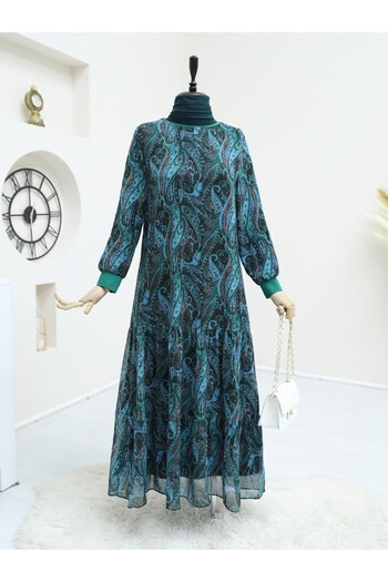 Modamorfo Green Chiffon Dress - Ethnic Pattern, Piece Skirt