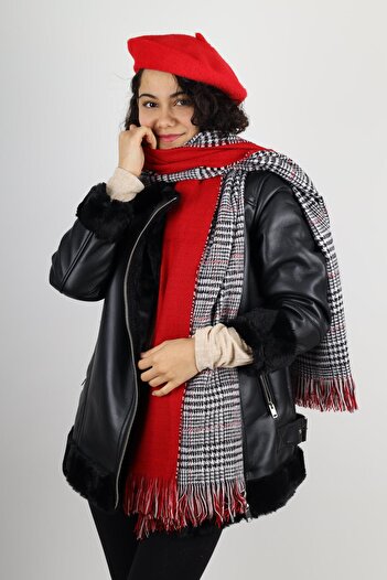 MinaCarin Women's Red French Felt Painter Beret and Double Sided Scarf Combo