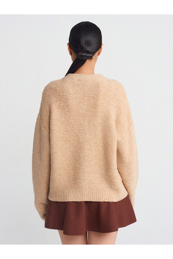 Dilvin 60276 Beige V-Neck Buttoned Boucle Knitwear Cardigan