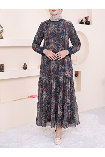 Modamorfo Emerald Colored Ethnic Print Piece Chiffon Dress