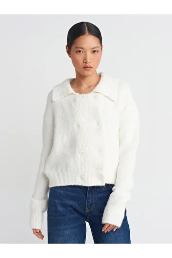 Dilvin 60928 Polo Neck Buttoned Soft Knitwear Cardigan-Ecru