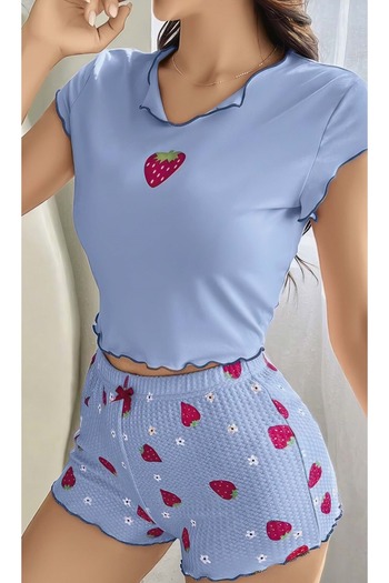 M Mazzanti Costum albastru cu imprimeu sexy cu căpșuni, cu pantaloni scurți sexy, set de pijamale pentru lenjerie de noapte
