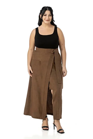 DISENTIS MODEST Plus Size Front Slit Ornamental Lacing Detail Bag Pocket Brown Midi Skirt