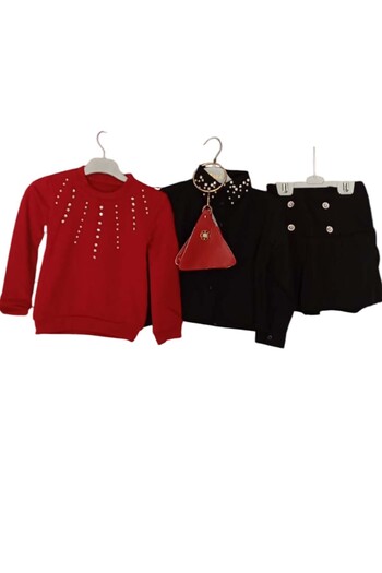 Riccotarz Girl's Red Sweater with Stone and Bead Embroidery Shirt Combination Silver Button Pleated Skirt Suit