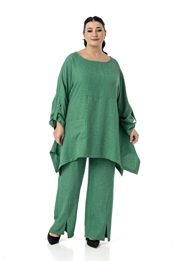 DISENTIS MODEST Plus Size Relaxed Fit Blouse Pants Green Double Set