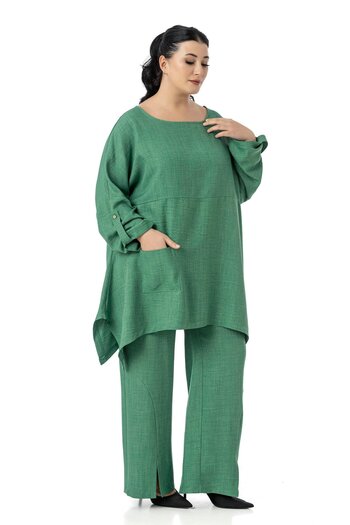 DISENTIS MODEST Plus Size Relaxed Fit Blouse Pants Green Double Set