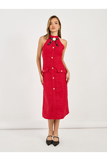Styli Tweed Halter Neck Sheath Midi Dress with Bow Detail