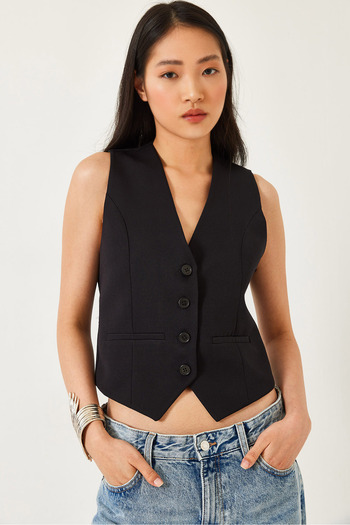 Bianco Lucci Women's V-Neck Flato Pocket Woven Vest 40831025