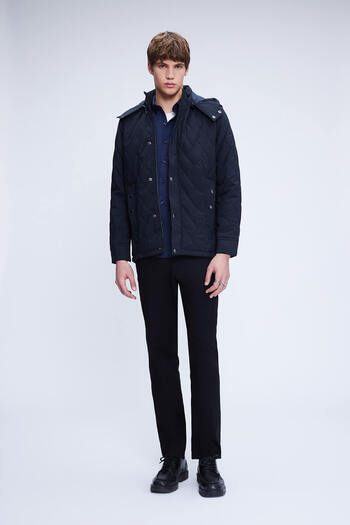 Hatemoğlu Navy Blue Dynamic Fit Prevailing Collar Patterned Quilted Hooded Coat
