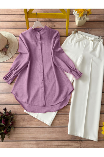Modamorfo Oval Cut Shirt with Draped Sleeve Cuff - Cherry