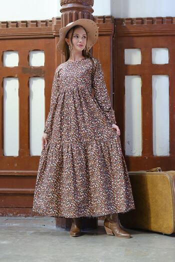 KÜÇÜĞÜM BUTİK Hijab Vintage καφέ φλοράλ φόρεμα δαπέδου (ΧΩΡΙΣ ΚΟΛΑΡ)
