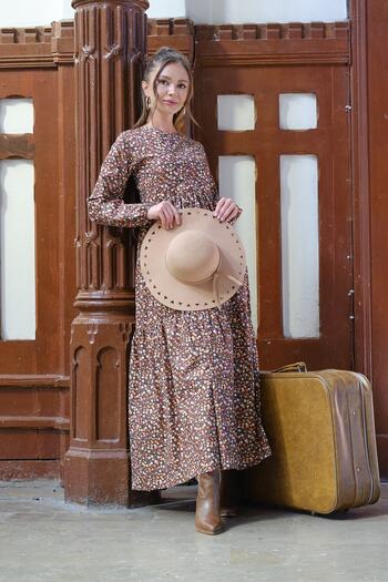 KÜÇÜĞÜM BUTİK Hijab Vintage καφέ φλοράλ φόρεμα δαπέδου (ΧΩΡΙΣ ΚΟΛΑΡ)