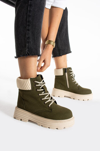 ŞNG Ayakkabı Γυναικείες μπότες Cat Khaki Suede με λεπτομέρεια από δαντέλα