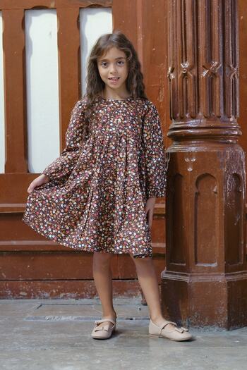KÜÇÜĞÜM BUTİK Vintage Long Sleeve Brown Floral Girls Poplin Dress (Long Sleeve Without Collar)